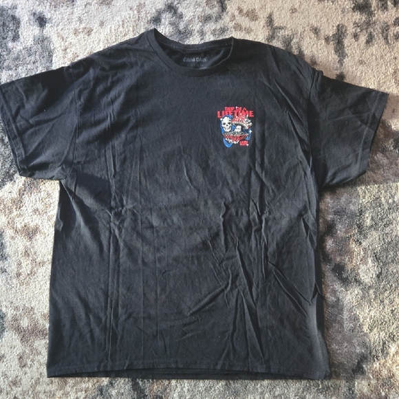 Grim Days Other - Grim Days Black Skeleton Tee with Red And White Graphic.